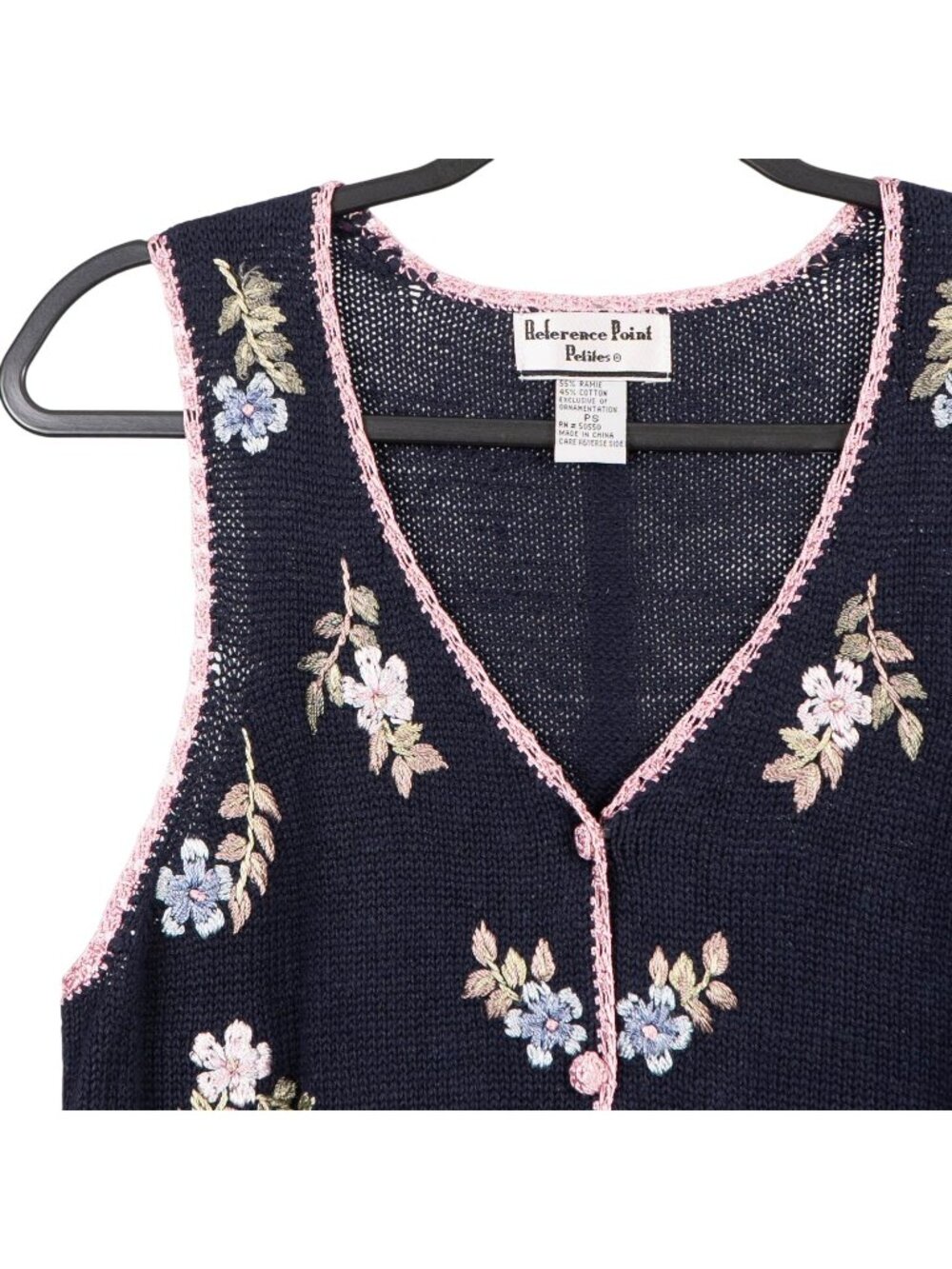 Floral Sweater Vest S Petite Navy Blue Pink Buttons 90s Grammacore Cottagecore - Picture 2 of 5